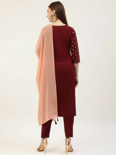 FIORRA Women's Maroon Poly Crepe Straight Kurta Pant With Dupatta - Swadesiicart