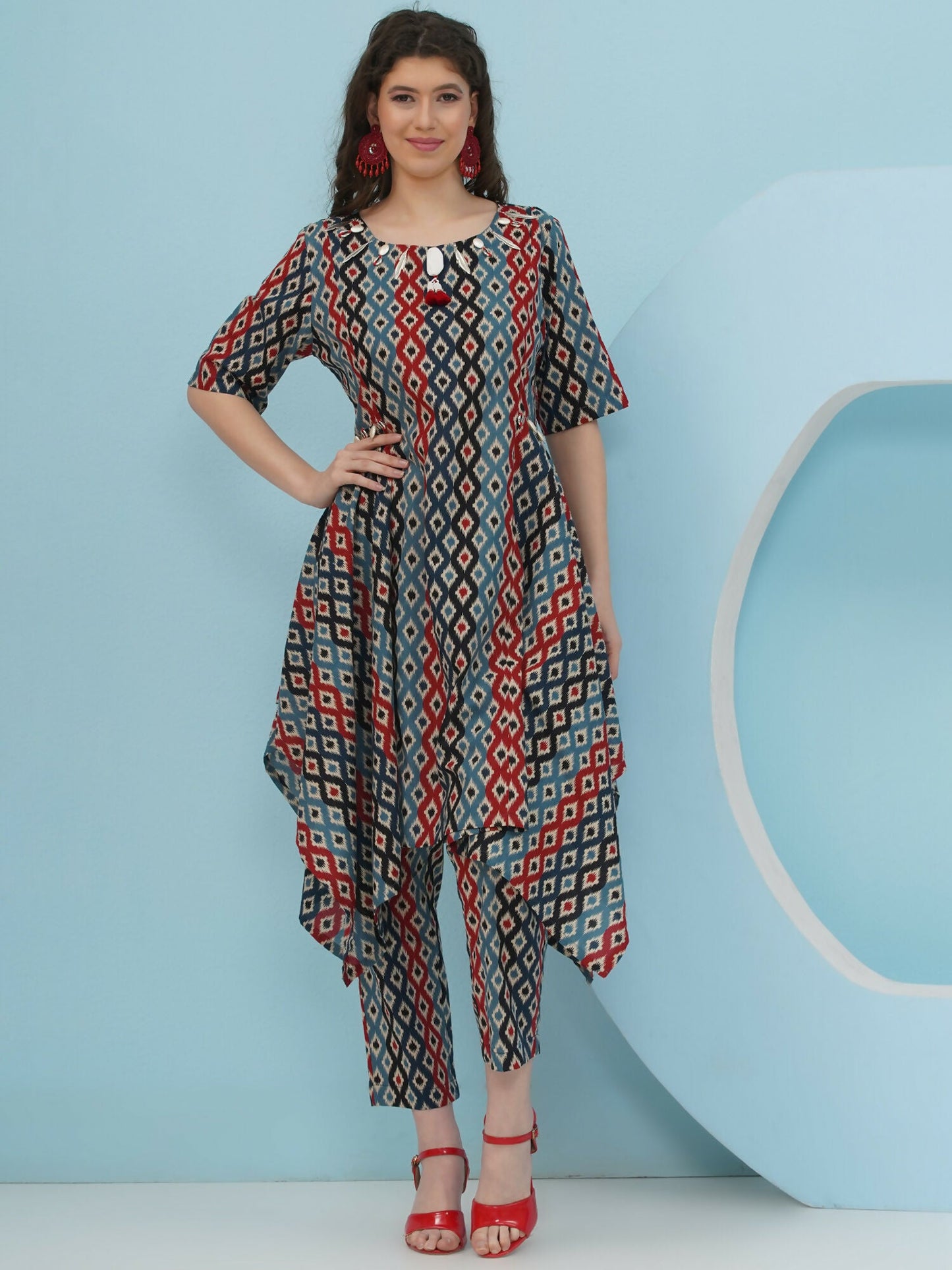 Joban Fashion Ikkat Printed Co Ord Set - Blue Red - Swadesiicart