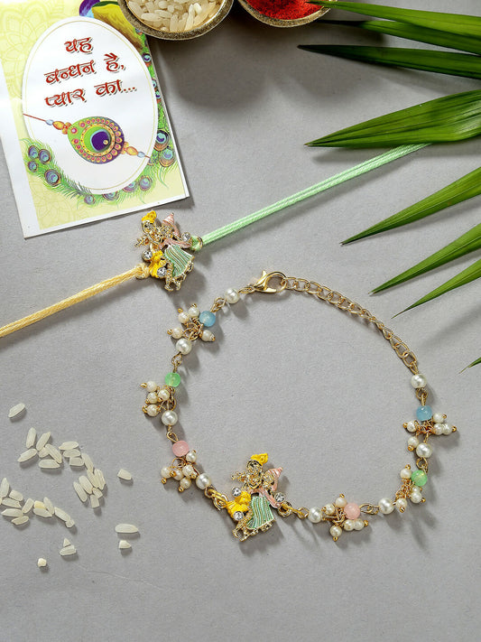 NVR Women & Men Set of 2 Multicolor Gold-Toned Radha Krishna Beaded Bhaiya Bhabhi Rakhi With Roli Chawal & Chocolate | Swadesiicart