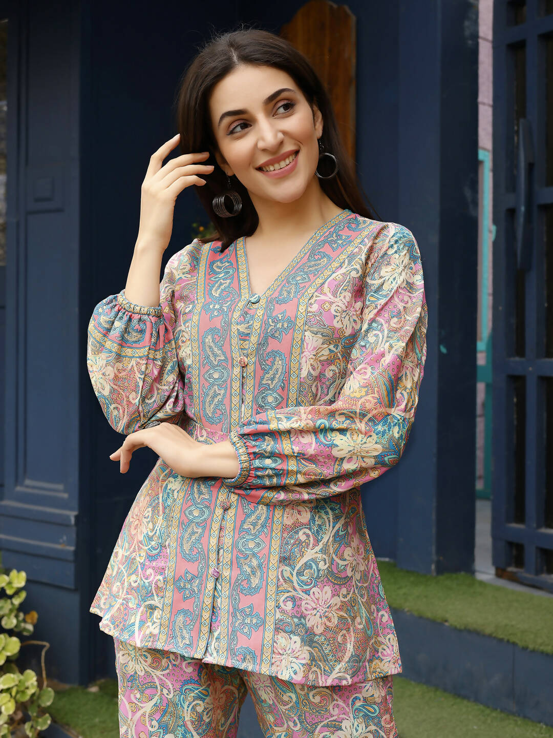 Pink Rayon Paisley & Floral Printed Top with Matching Bottom - Eesha - Swadesiicart