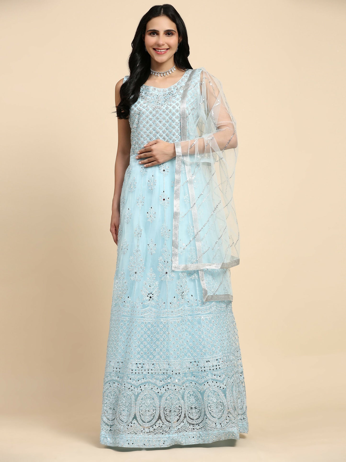 Blue Net Hand Embroidered Gown - Rudrani
