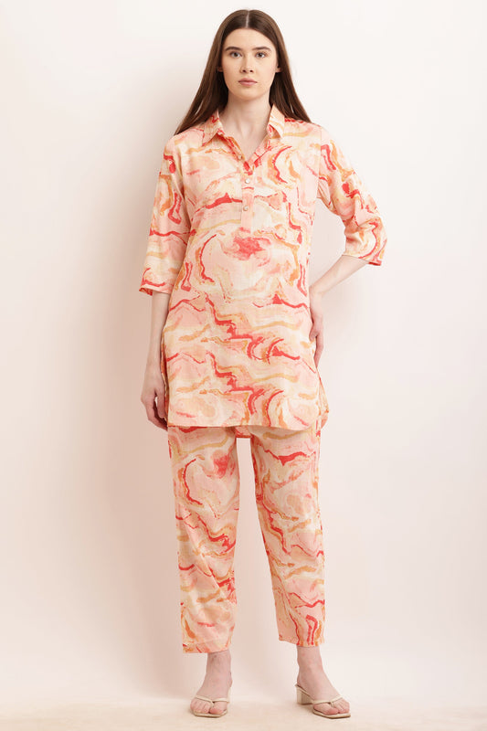 PAVONINE Peach Color Ted-Dye Printed Cord Set For Women - Swadesiicart