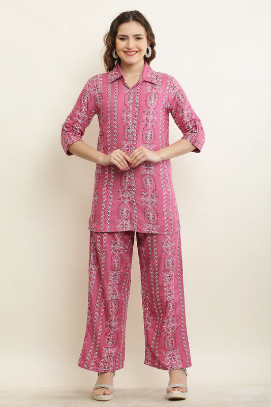 PAVONINE Peach Color Rayon Fabric 2Pc Cord Set For Girls & Women - Swadesiicart