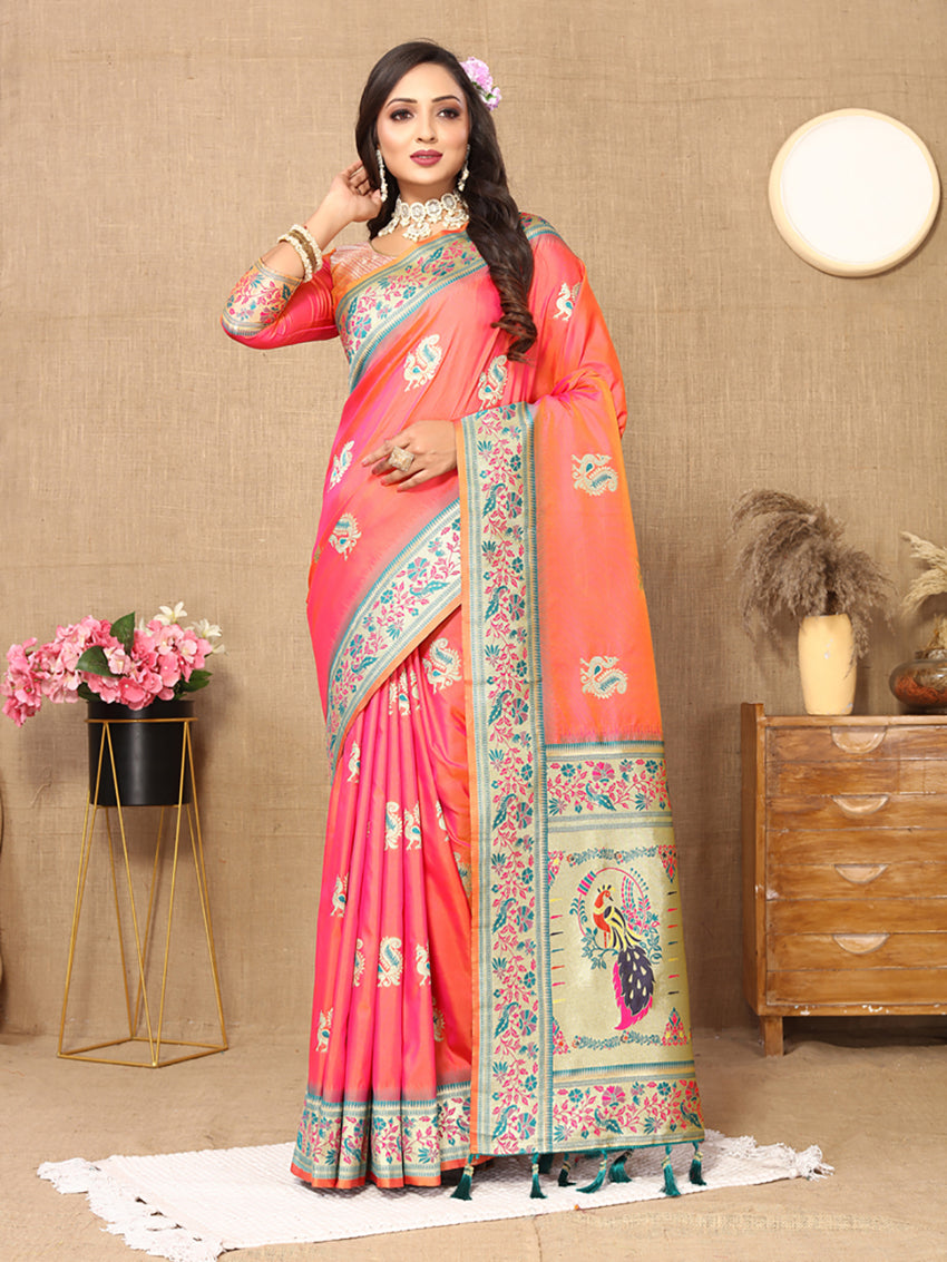 Lorenvalley Fashion Peach Soft Paithani Silk Woven Design Rich Meenakari Zari Weaving Pallu Saree - Swadesiicart