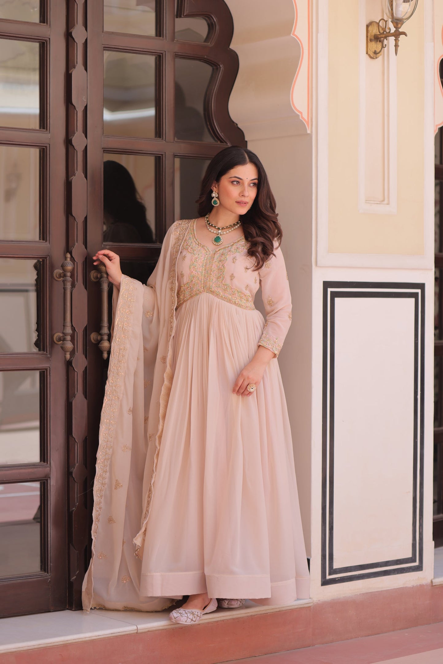 Lorenvalley Fashion Peach Star Georgette with Beads & Sequins Multi Embroidered work Anarkali Gown with Dupatta - Swadesiicart