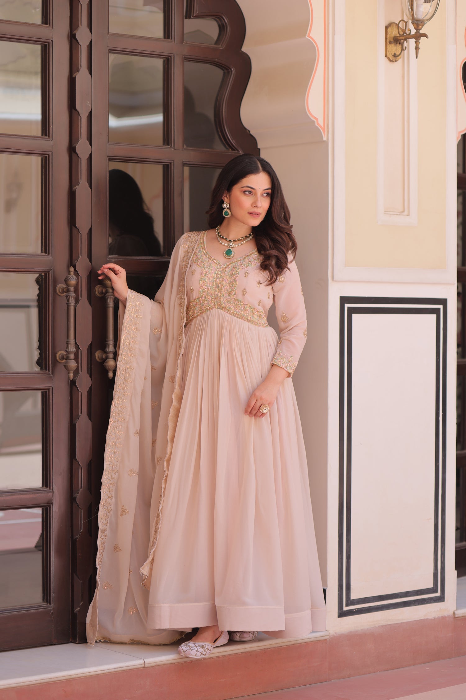 Lorenvalley Fashion Peach Star Georgette with Beads & Sequins Multi Embroidered work Anarkali Gown with Dupatta - Swadesiicart