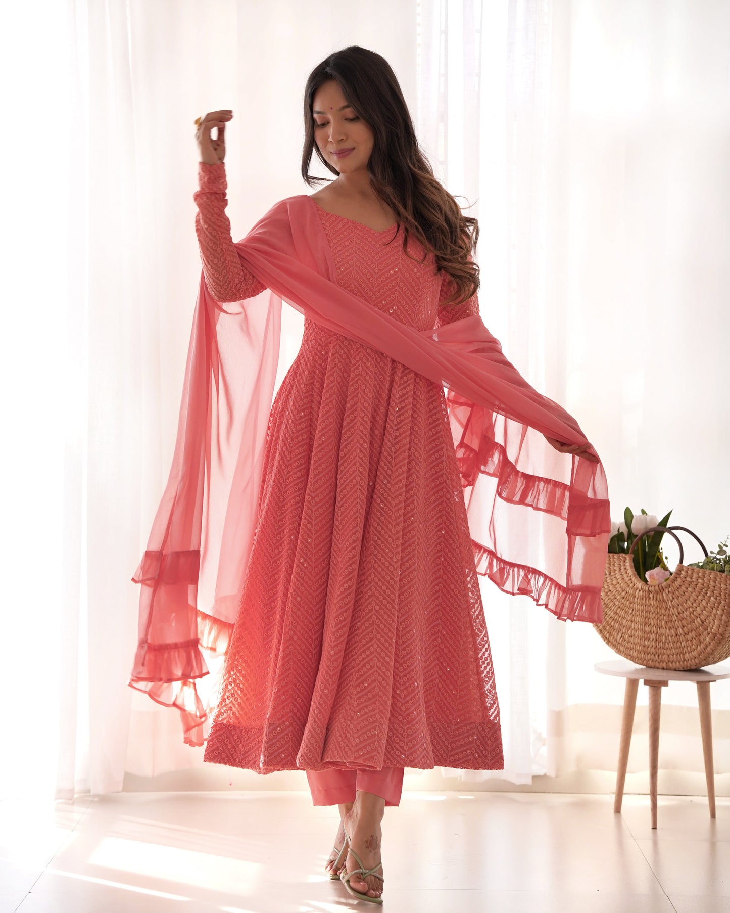 Lorenvalley Peach Faux Georgette Lukhnowi Sequence Work Anarkali Kurta Pant With Dupatta Set - Swadesiicart