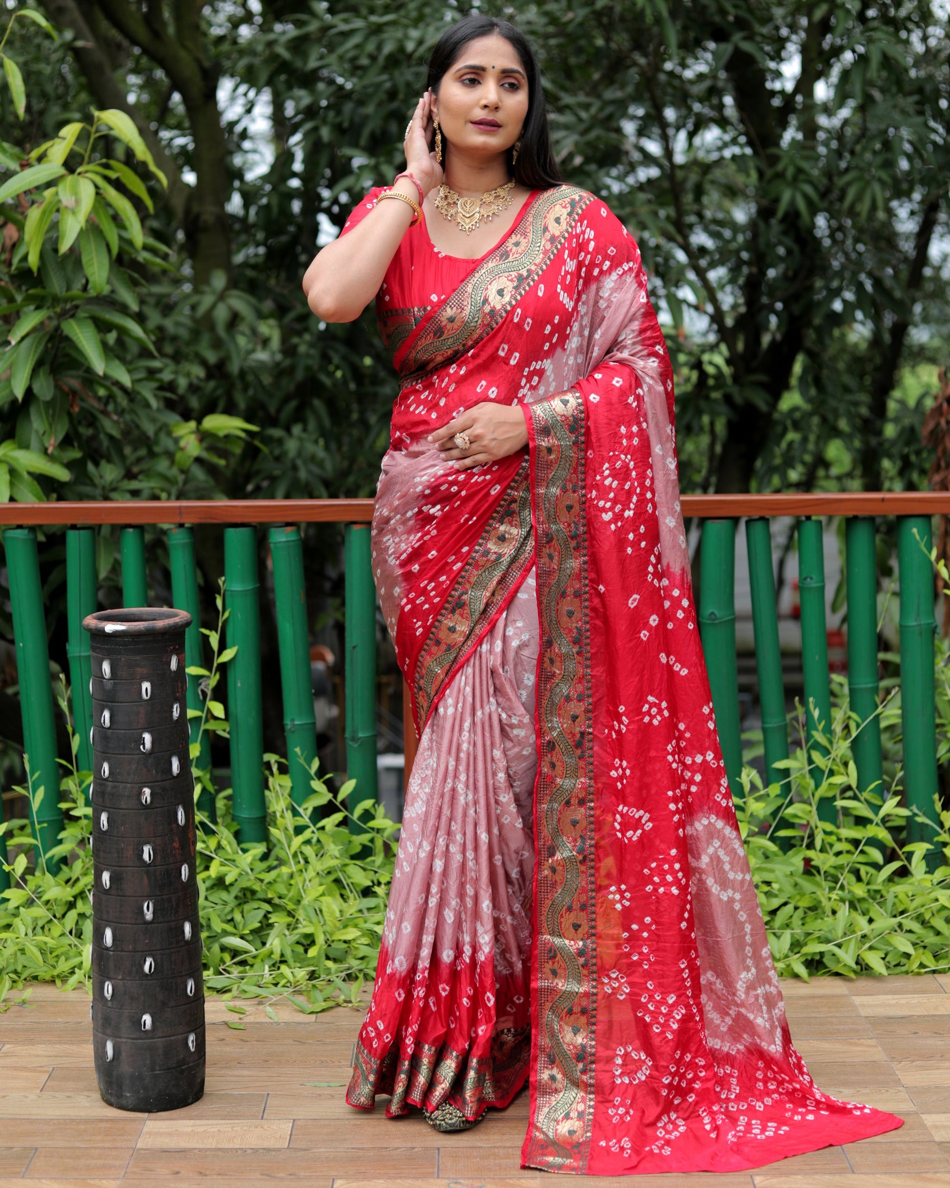 Lorenvalley Premium Pure Bandhej Tapeta Soft light weight silk saree with zari weaving Border - Multicolor - Swadesiicart