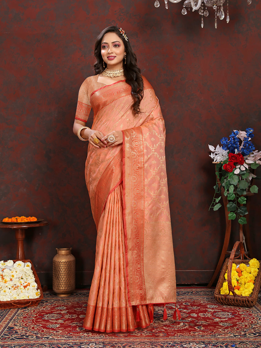 Lorenvalley Fashion Peach Soft Katan Silk Woven Design Zari Weaving Pallu Saree - Swadesiicart