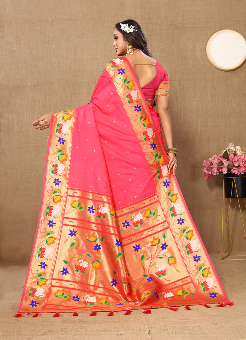 Lorenvalley Fashion Peach Soft Paithani Silk Woven Design Rich Zari Meenakari Weaving Saree - Swadesiicart