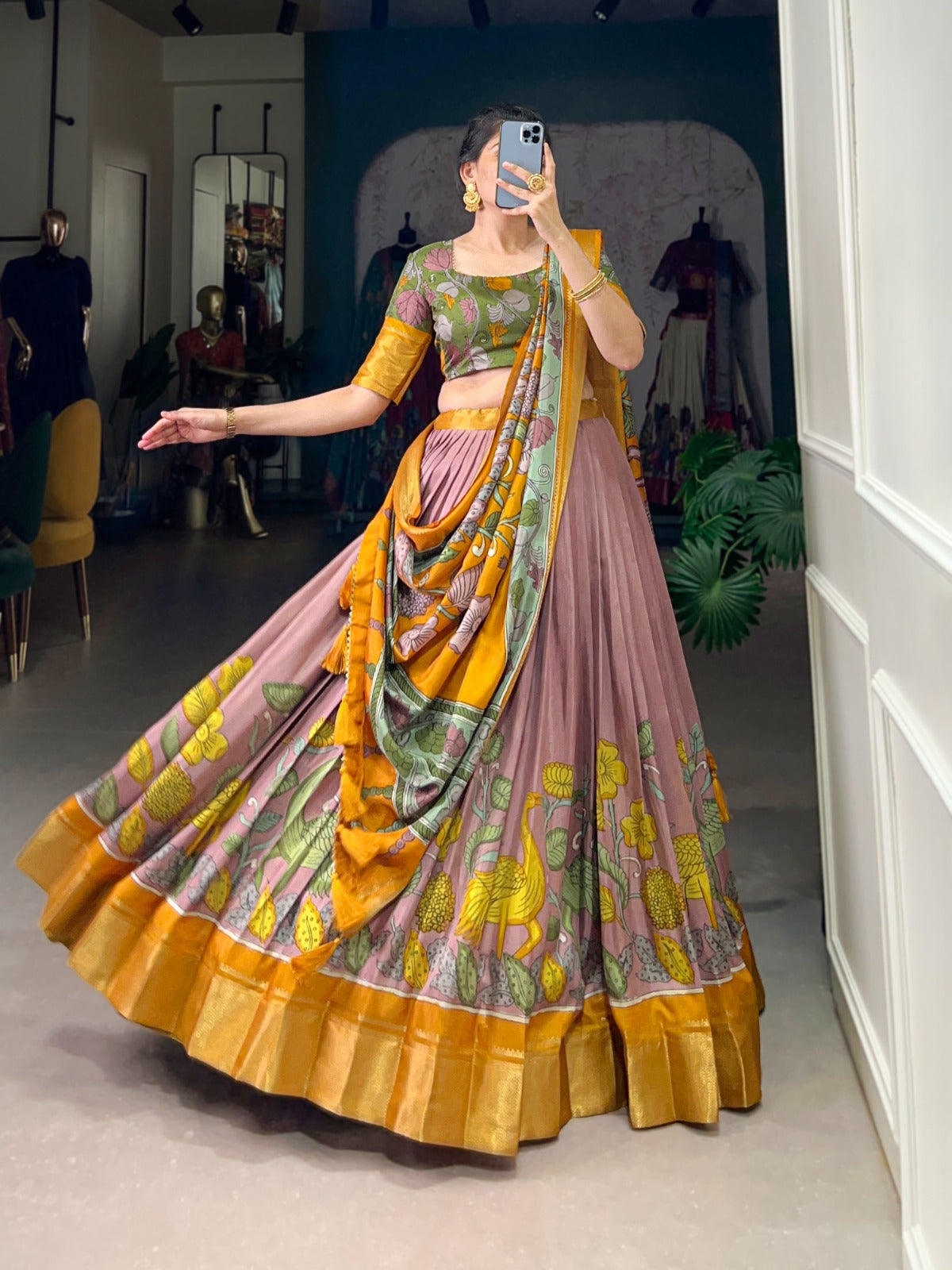 Lorenvalley Peach Dola Silk and Jacquard Silk Printed (Kalamkari) With Zari Weaving Border Lehenga Choli | Swadesiicart