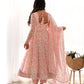 Lorenvalley Peach Soft Organza Silk With Floral Print Fully Flared Anarkali Pant With Dupatta Set | Swadesiicart