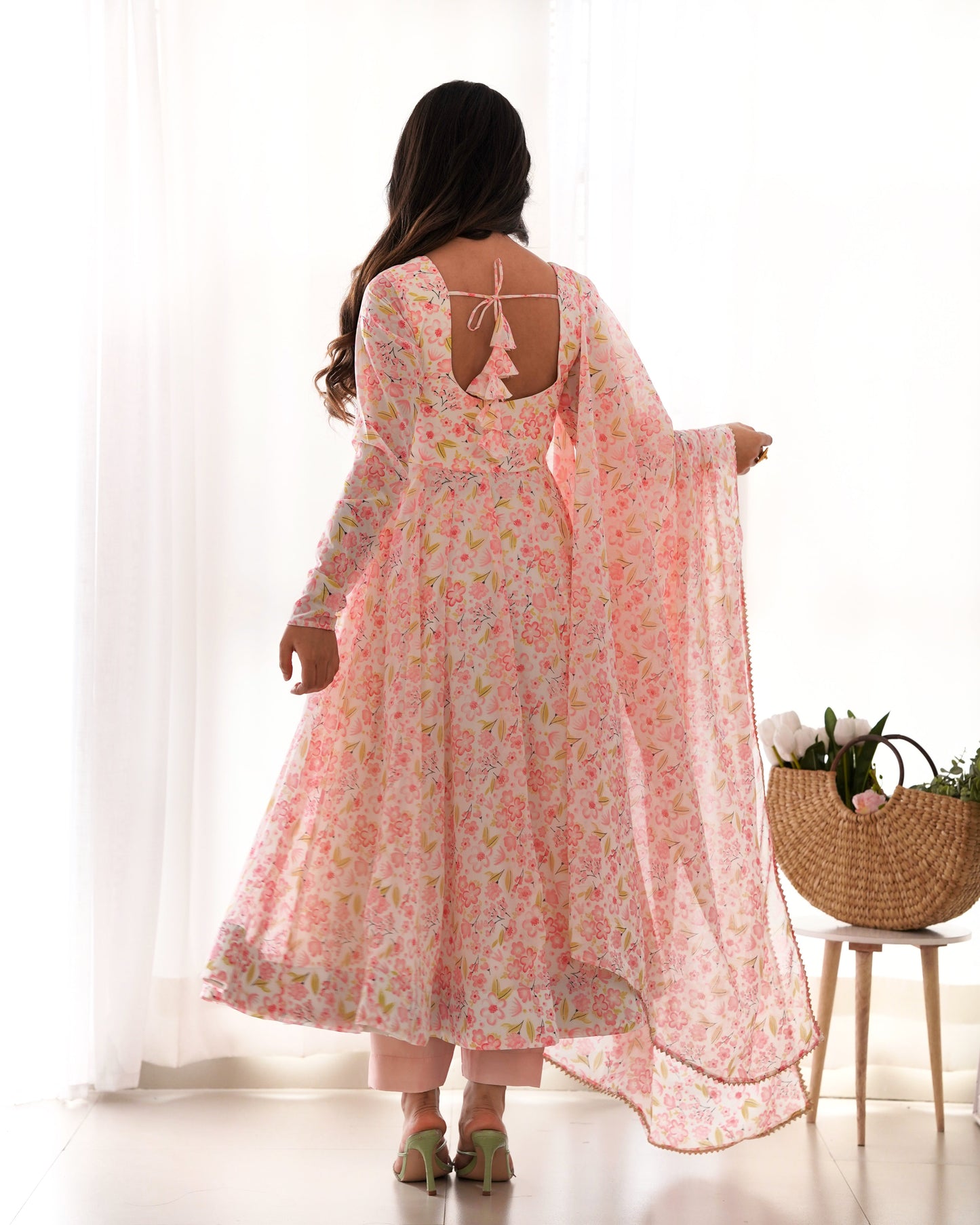 Lorenvalley Peach Soft Organza Silk With Floral Print Fully Flared Anarkali Pant With Dupatta Set | Swadesiicart