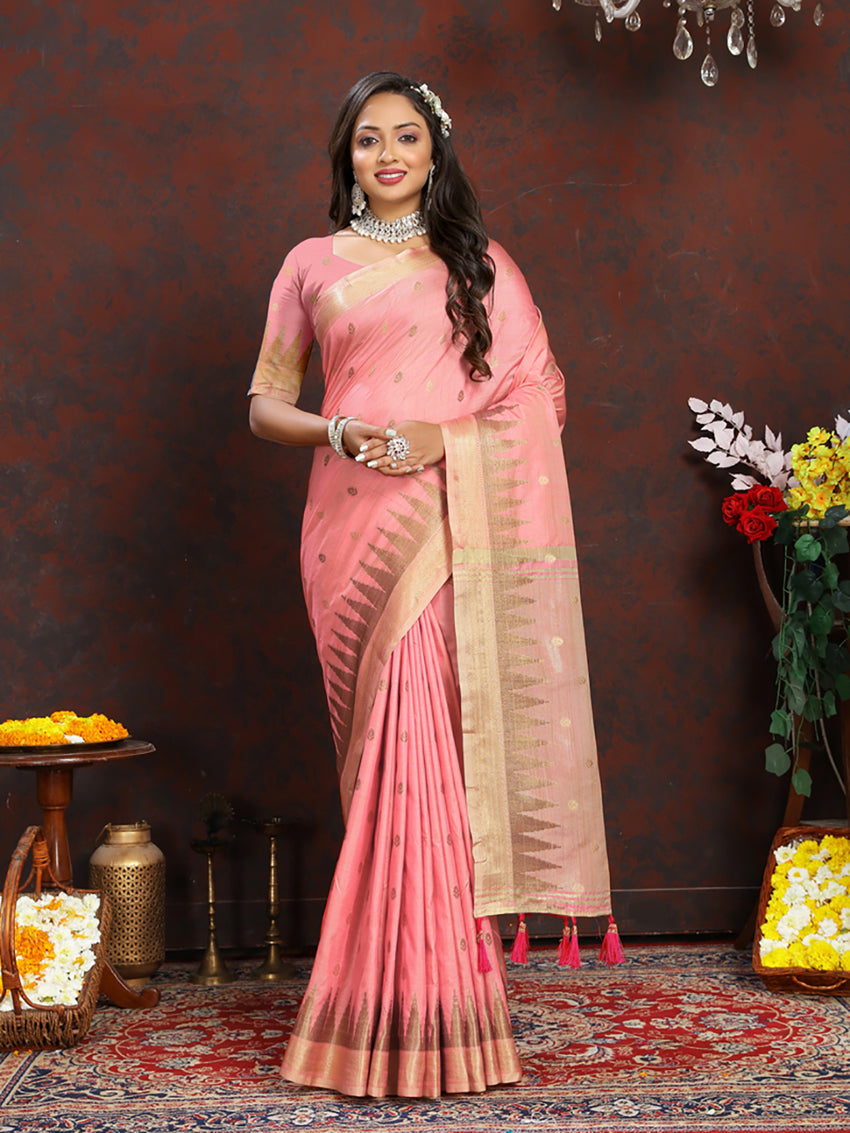 Lorenvalley Fashion Peach Soft Katan Silk Woven Design Zari Weaving Pallu Saree - Swadesiicart