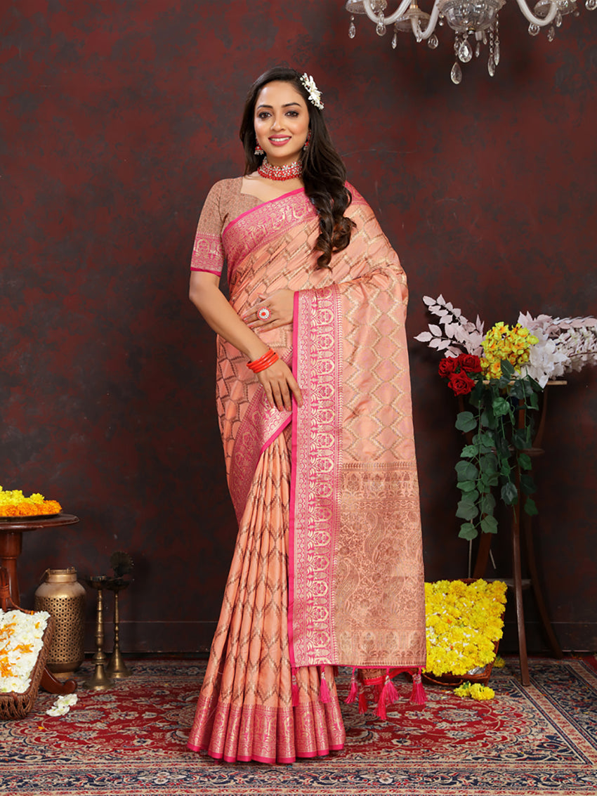 Lorenvalley Fashion Peach Soft Katan Silk Woven Design Rich Zari Weaving Pallu Saree - Swadesiicart