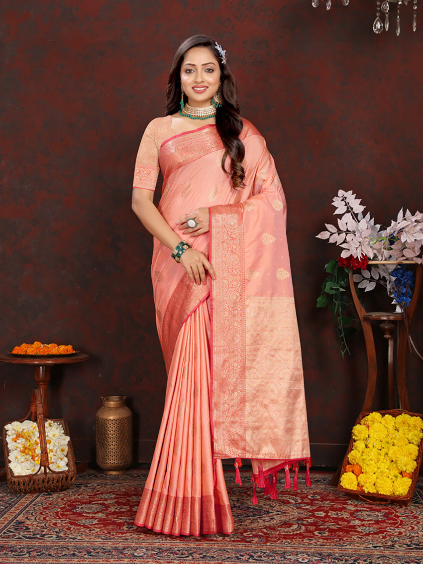Lorenvalley Fashion Peach Soft Katan Silk Woven Design Zari Weaving Pallu Saree - Swadesiicart