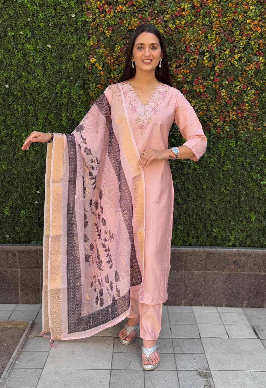 Lorenvalley Fashion Peach Roman Silk Hand Work Kurta Pant with Dupatta - Swadesiicart