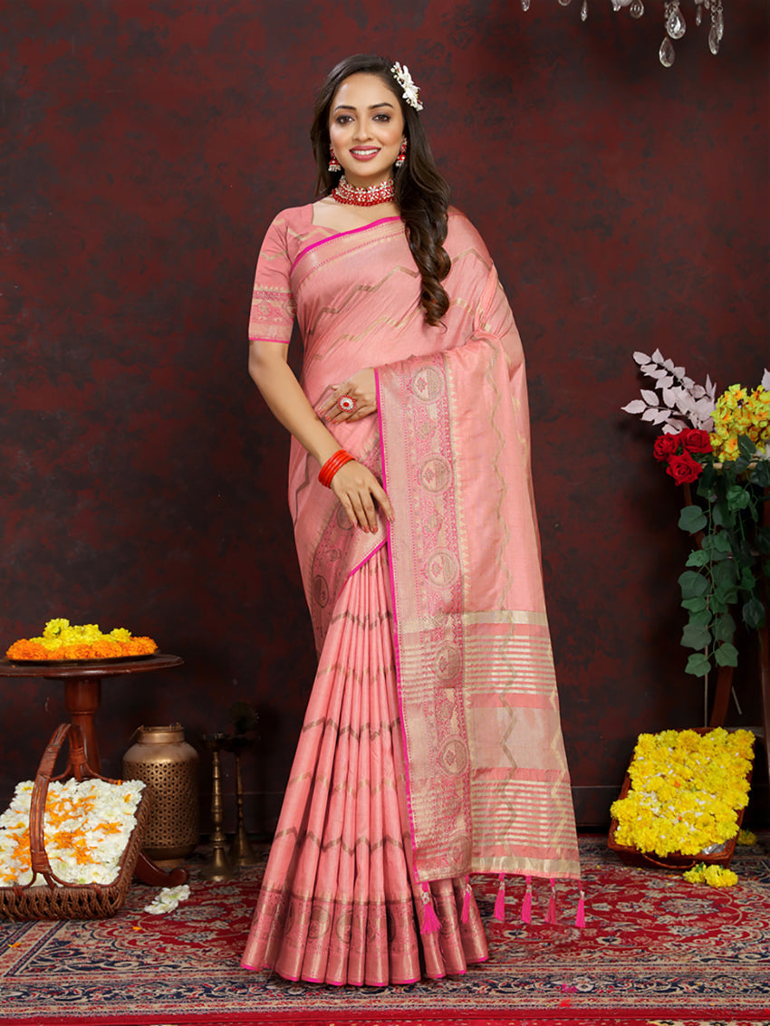 Lorenvalley Fashion Peach Soft Katan Silk Woven Design Zari Weaving Pallu Saree - Swadesiicart