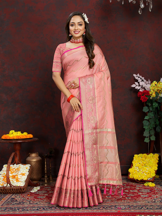 Lorenvalley Fashion Peach Soft Katan Silk Woven Design Zari Weaving Pallu Saree - Swadesiicart