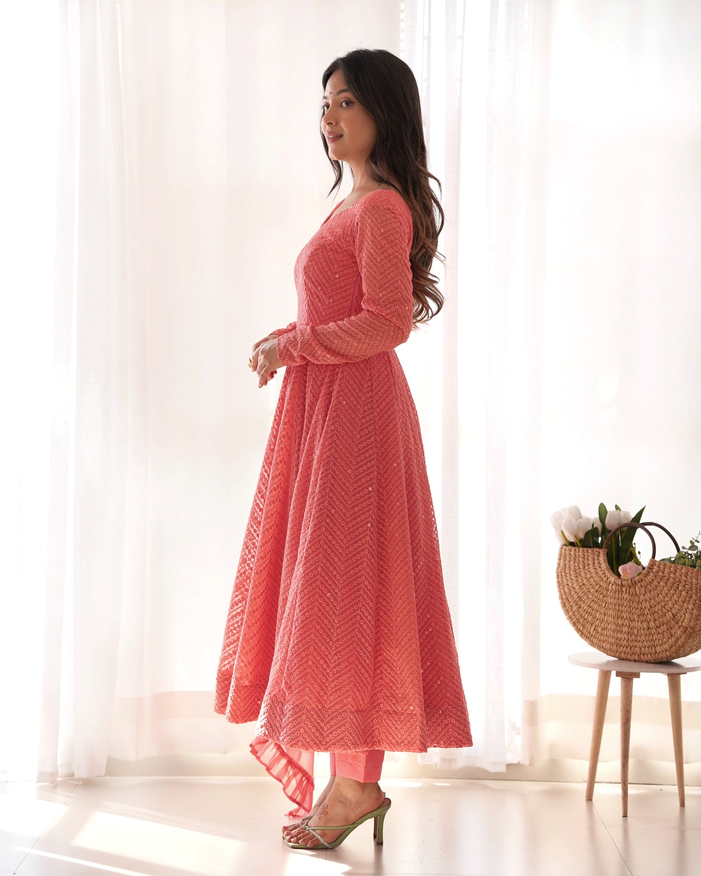 Lorenvalley Peach Faux Georgette Lukhnowi Sequence Work Anarkali Kurta Pant With Dupatta Set - Swadesiicart