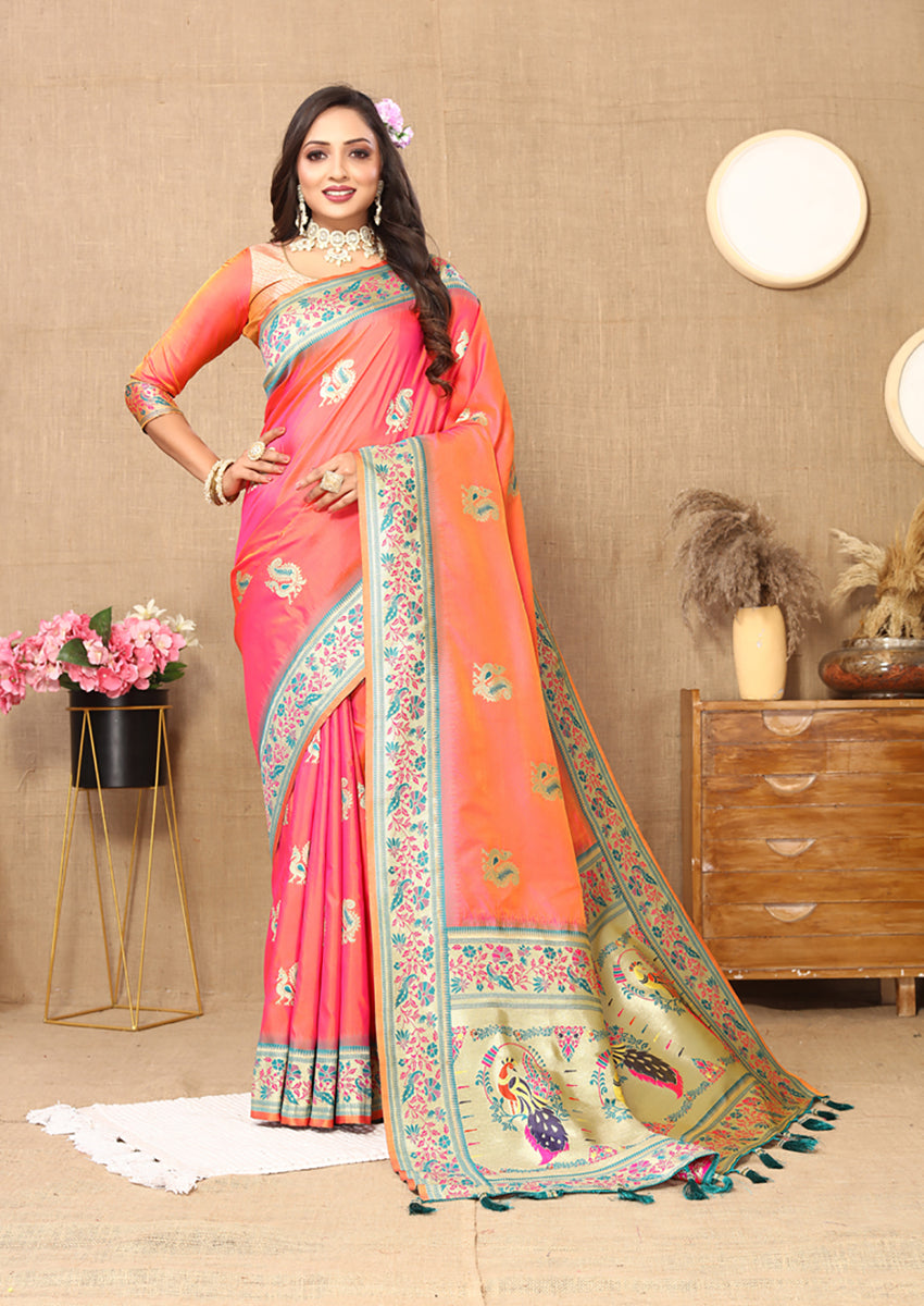 Lorenvalley Fashion Peach Soft Paithani Silk Woven Design Rich Meenakari Zari Weaving Pallu Saree - Swadesiicart