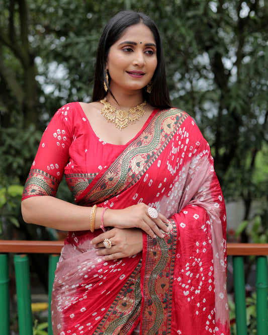 Lorenvalley Premium Pure Bandhej Tapeta Soft light weight silk saree with zari weaving Border - Multicolor - Swadesiicart