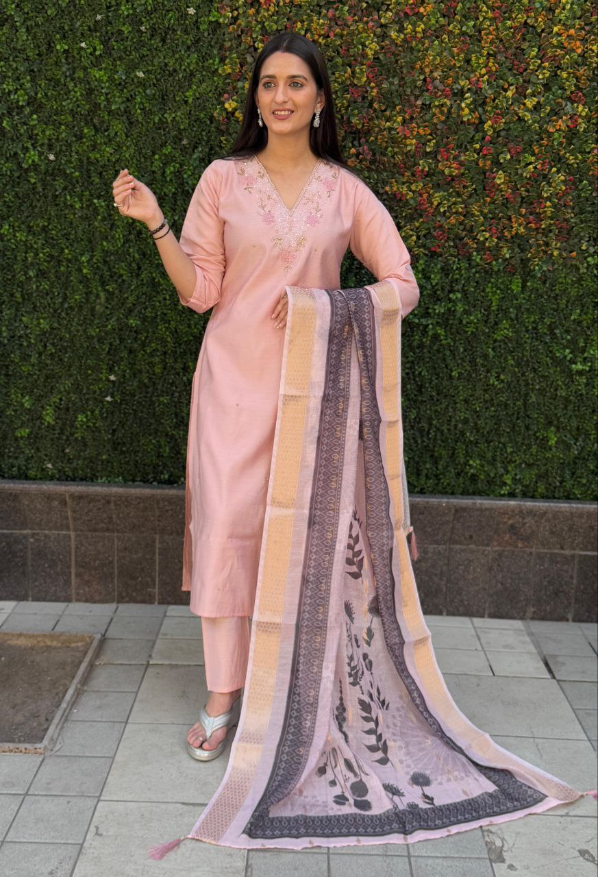 Lorenvalley Fashion Peach Roman Silk Hand Work Kurta Pant with Dupatta - Swadesiicart