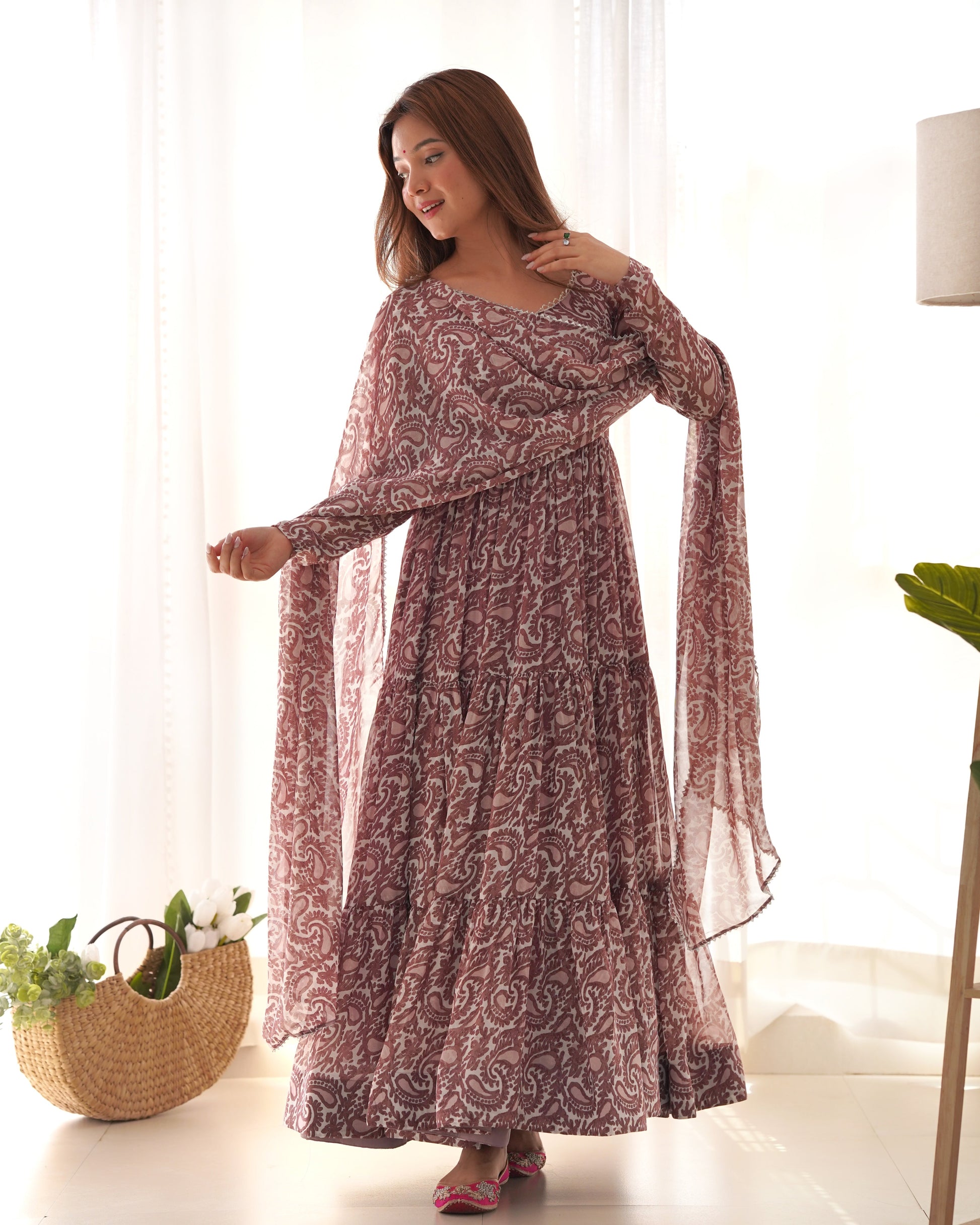 Lorenvalley Women Pure Soft Faux Georgette Floral Print Fully Flair Anarkali Kurta Pant With Dupatta Set - Peach | Swadesiicart