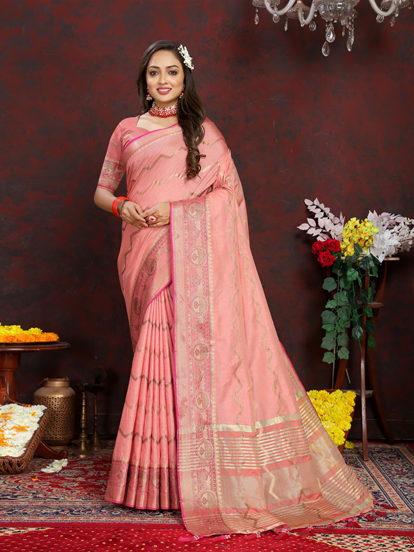 Lorenvalley Fashion Peach Soft Katan Silk Woven Design Zari Weaving Pallu Saree - Swadesiicart