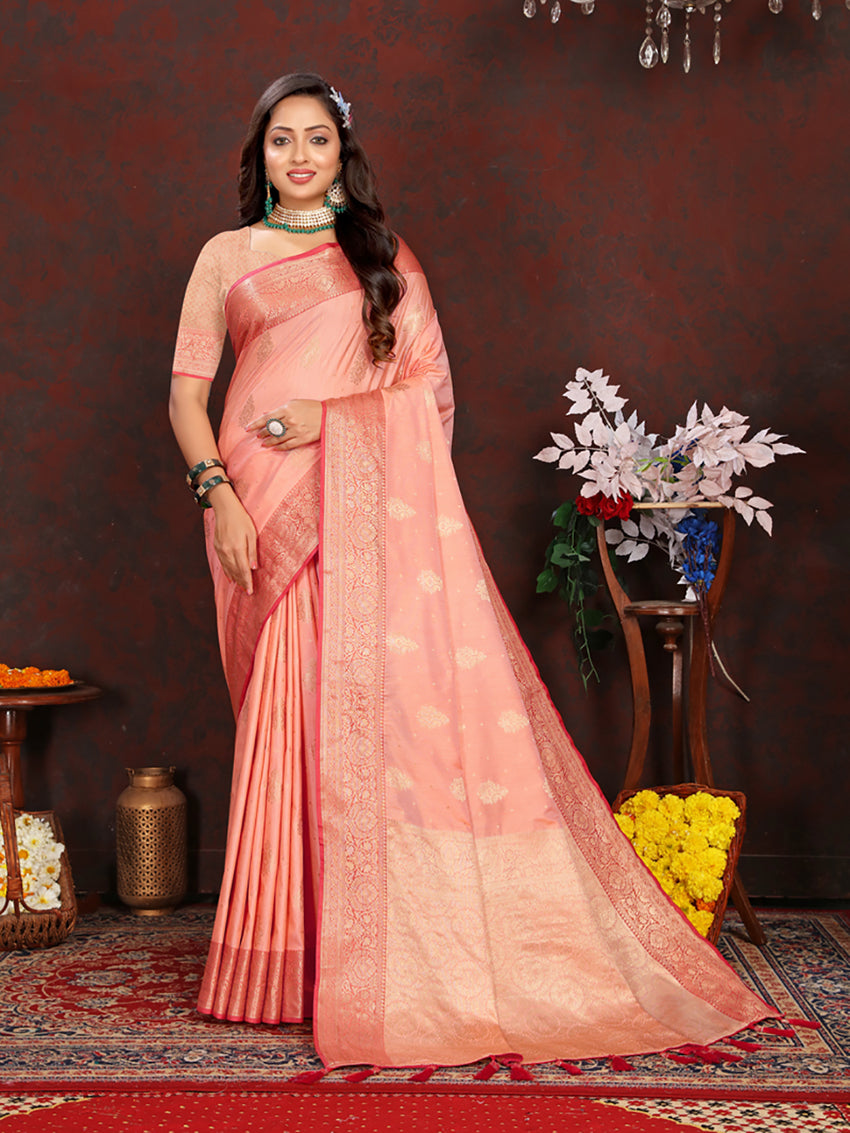 Lorenvalley Fashion Peach Soft Katan Silk Woven Design Zari Weaving Pallu Saree - Swadesiicart