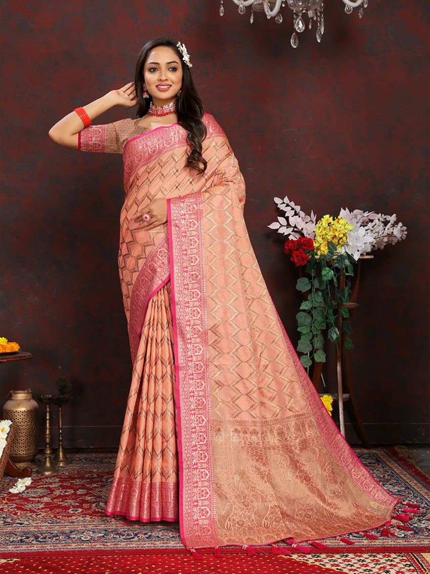 Lorenvalley Fashion Peach Soft Katan Silk Woven Design Rich Zari Weaving Pallu Saree - Swadesiicart