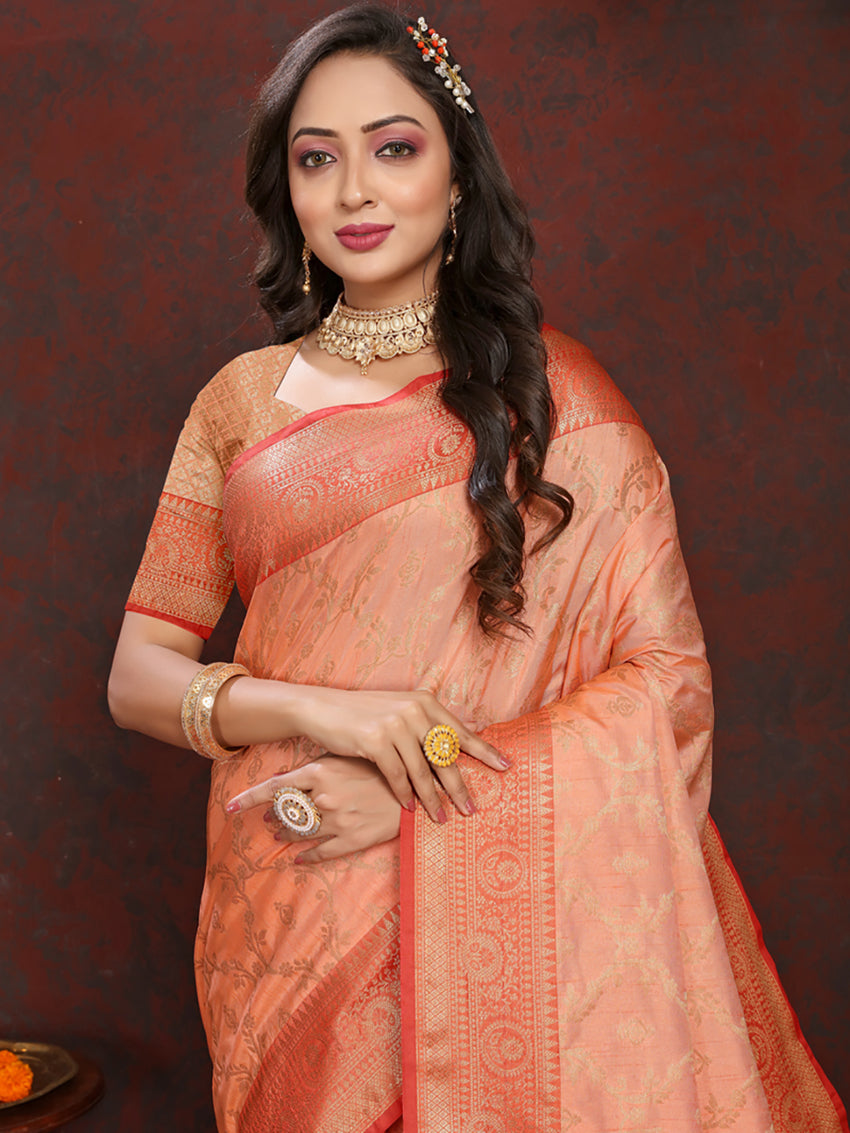 Lorenvalley Fashion Peach Soft Katan Silk Woven Design Zari Weaving Pallu Saree - Swadesiicart