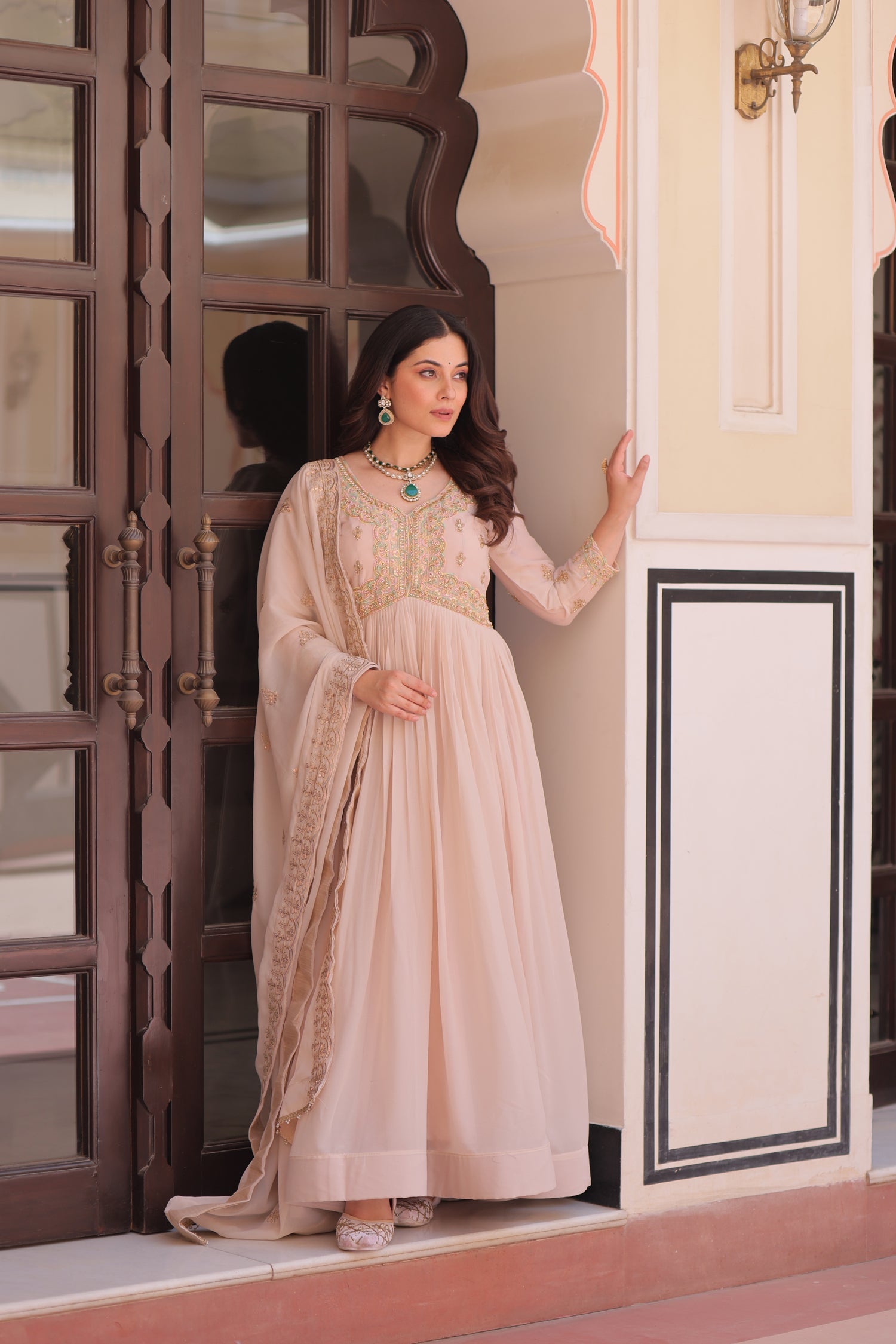 Lorenvalley Fashion Peach Star Georgette with Beads & Sequins Multi Embroidered work Anarkali Gown with Dupatta - Swadesiicart
