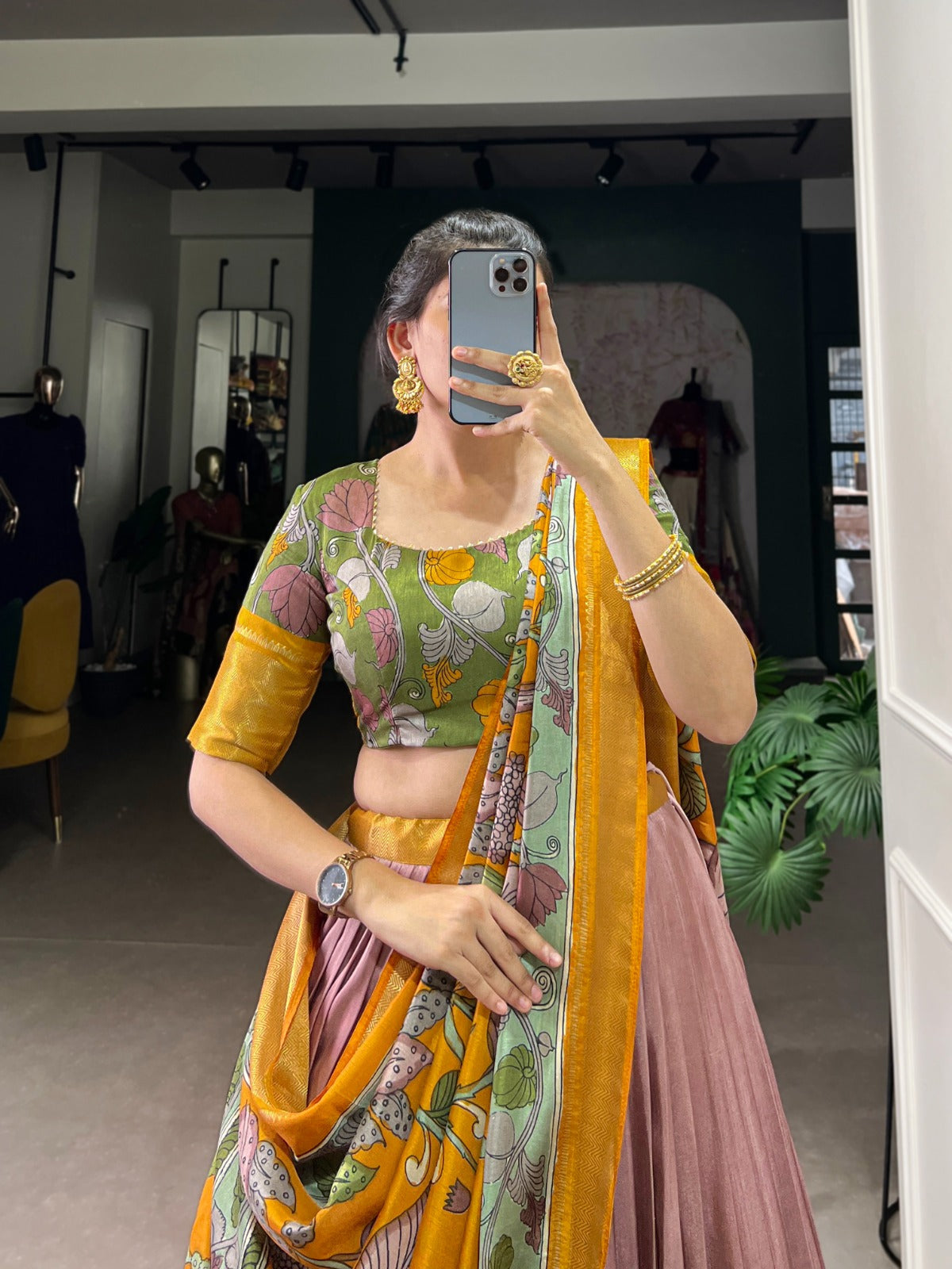 Lorenvalley Peach Dola Silk and Jacquard Silk Printed (Kalamkari) With Zari Weaving Border Lehenga Choli | Swadesiicart