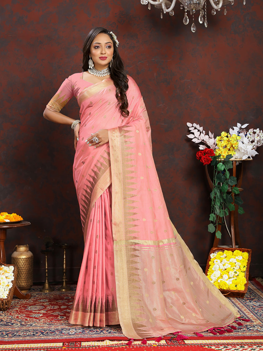 Lorenvalley Fashion Peach Soft Katan Silk Woven Design Zari Weaving Pallu Saree - Swadesiicart