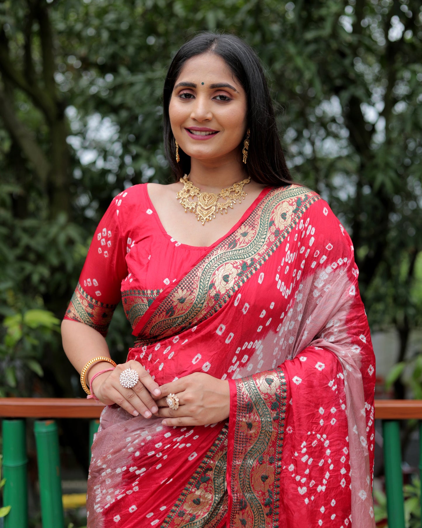 Lorenvalley Premium Pure Bandhej Tapeta Soft light weight silk saree with zari weaving Border - Multicolor - Swadesiicart