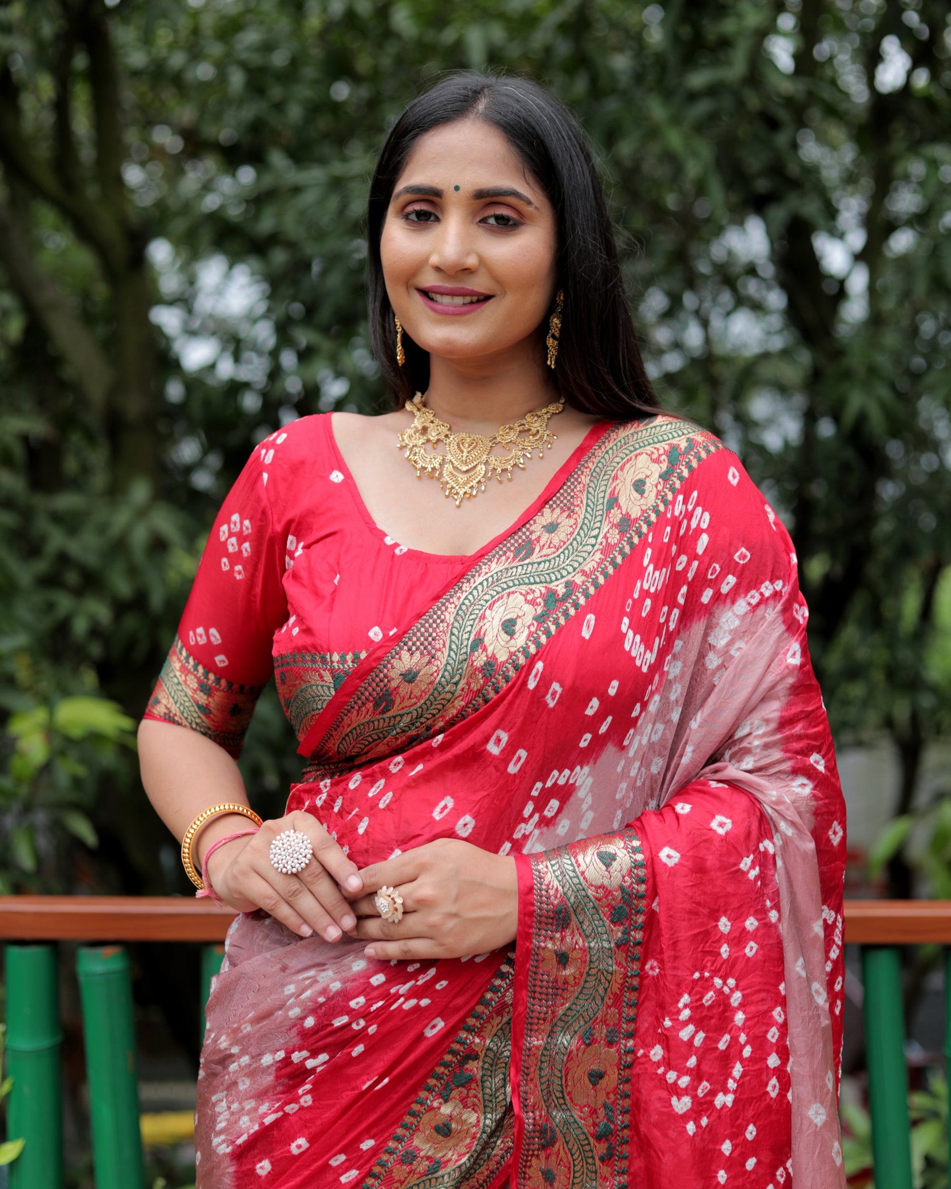 Lorenvalley Premium Pure Bandhej Tapeta Soft light weight silk saree with zari weaving Border - Multicolor - Swadesiicart