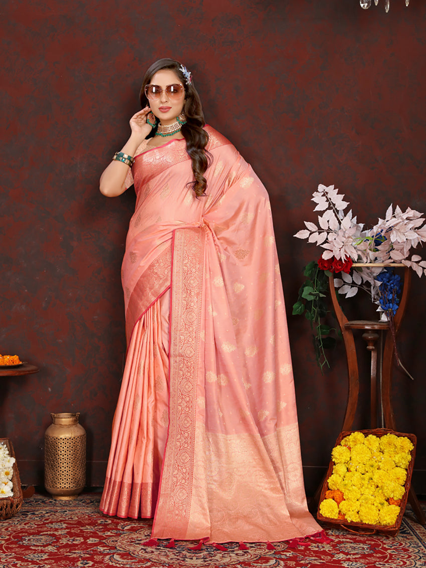 Lorenvalley Fashion Peach Soft Katan Silk Woven Design Zari Weaving Pallu Saree - Swadesiicart