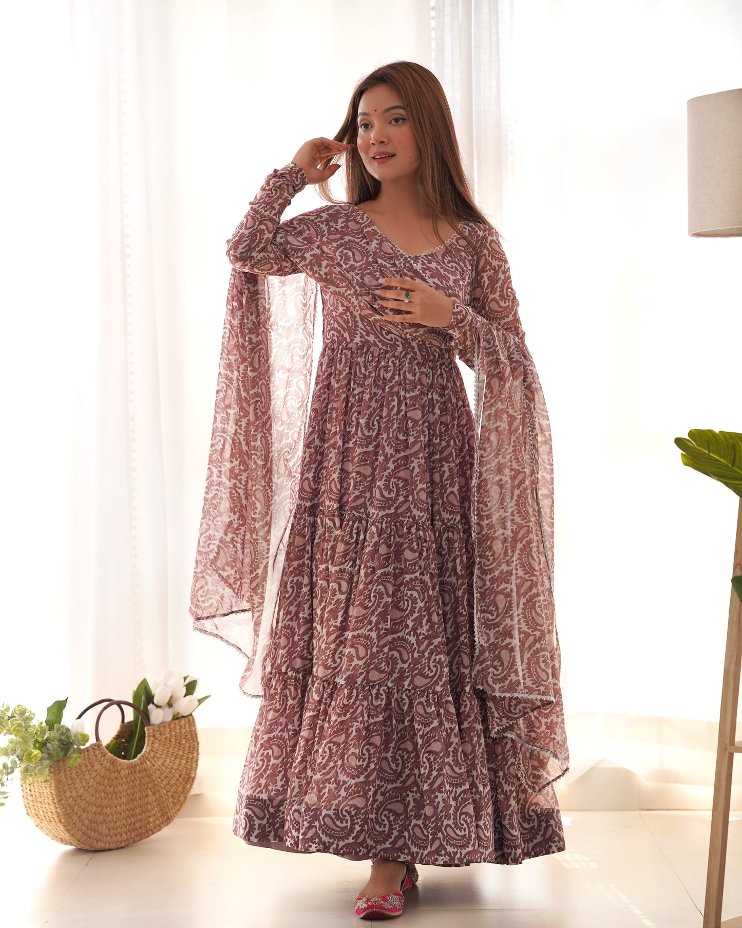 Lorenvalley Women Pure Soft Faux Georgette Floral Print Fully Flair Anarkali Kurta Pant With Dupatta Set - Peach | Swadesiicart