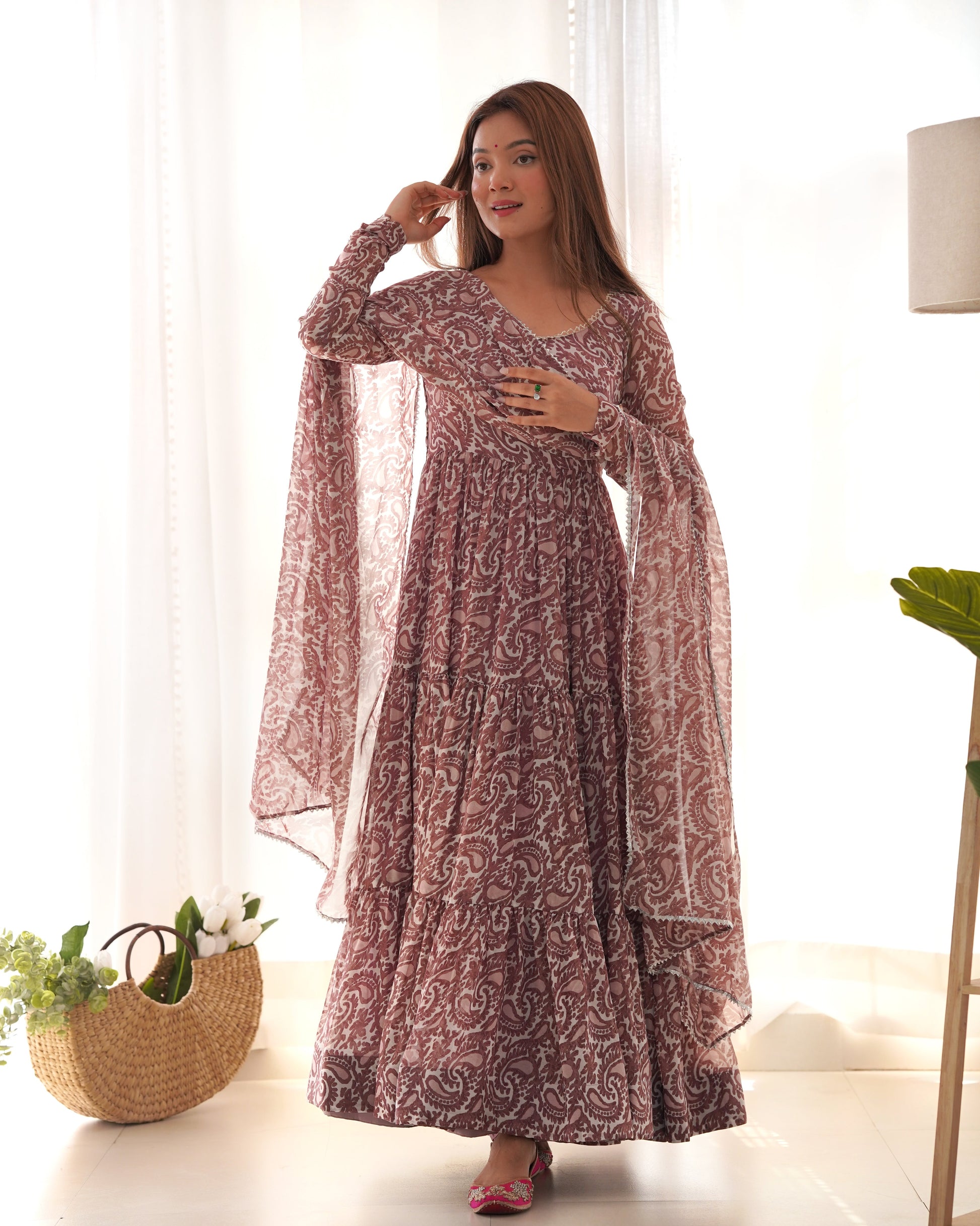 Lorenvalley Women Pure Soft Faux Georgette Floral Print Fully Flair Anarkali Kurta Pant With Dupatta Set - Peach | Swadesiicart