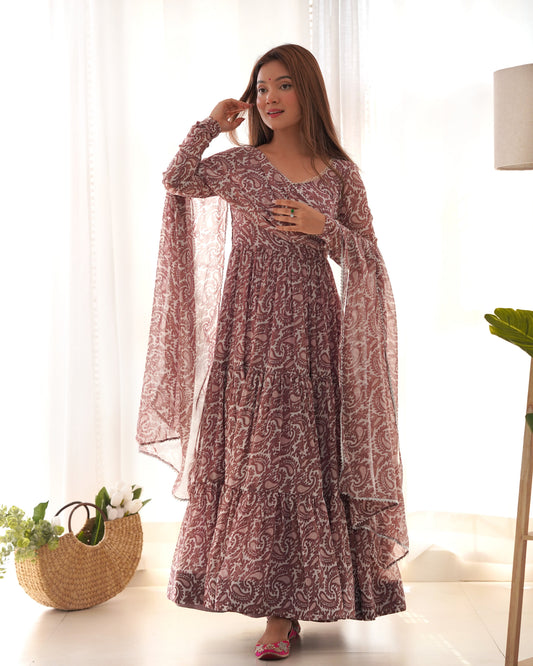 Lorenvalley Women Pure Soft Faux Georgette Floral Print Fully Flair Anarkali Kurta Pant With Dupatta Set - Peach | Swadesiicart