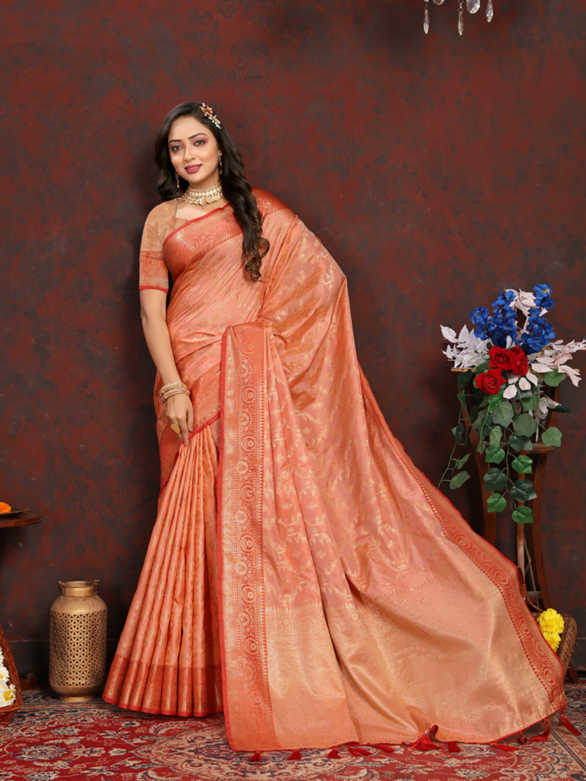 Lorenvalley Fashion Peach Soft Katan Silk Woven Design Zari Weaving Pallu Saree - Swadesiicart