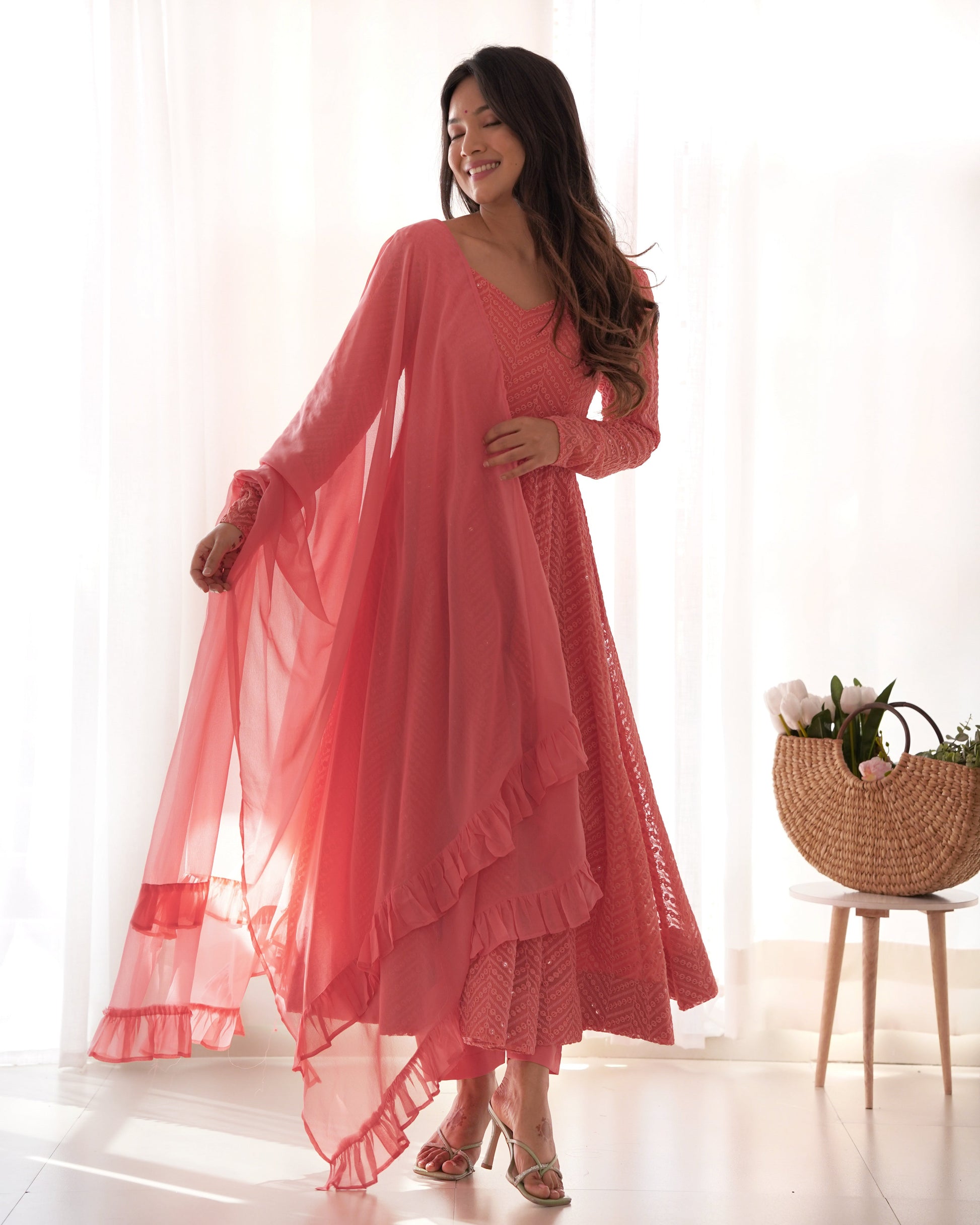 Lorenvalley Peach Faux Georgette Lukhnowi Sequence Work Anarkali Kurta Pant With Dupatta Set - Swadesiicart
