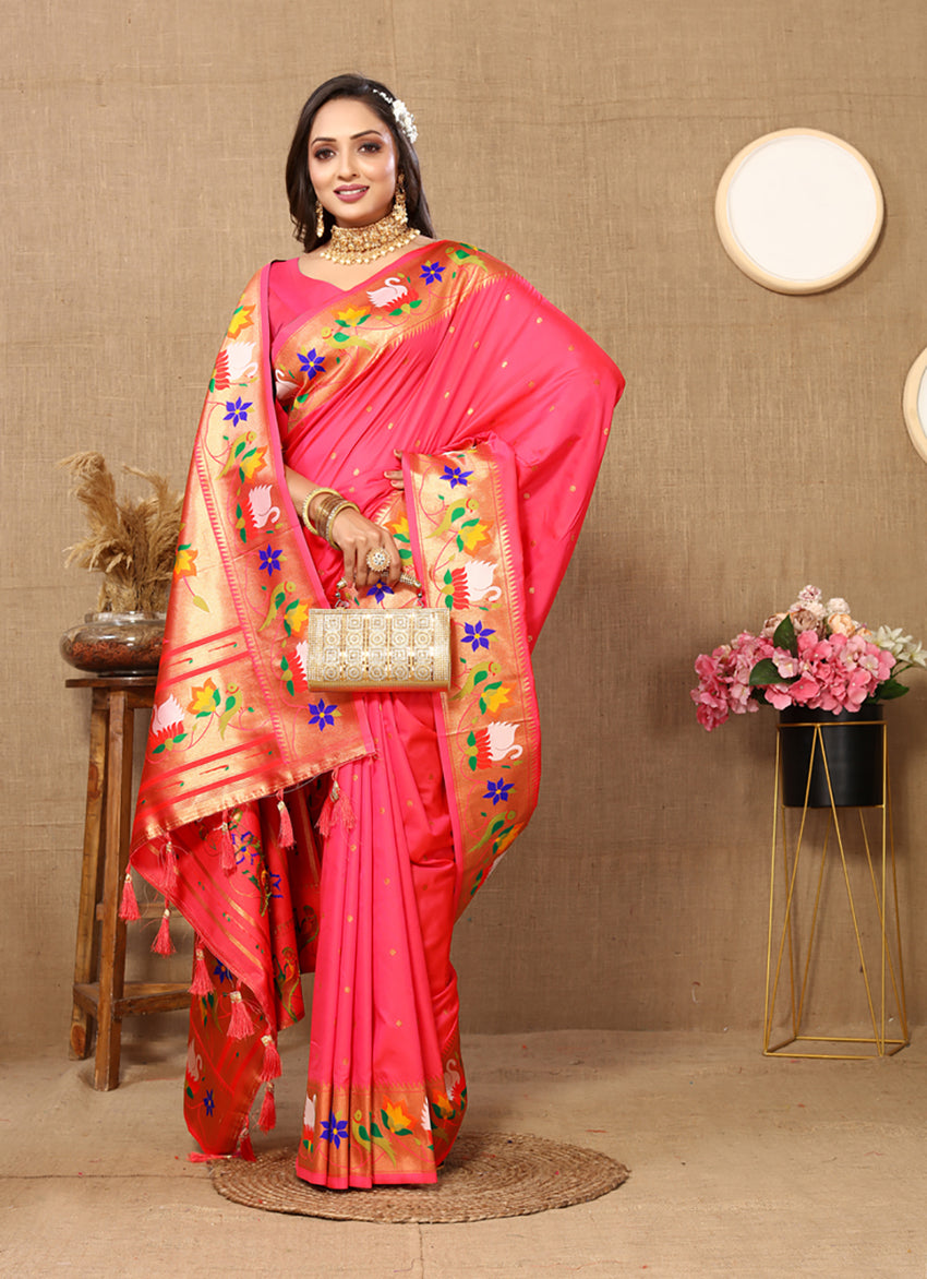 Lorenvalley Fashion Peach Soft Paithani Silk Woven Design Rich Zari Meenakari Weaving Saree - Swadesiicart