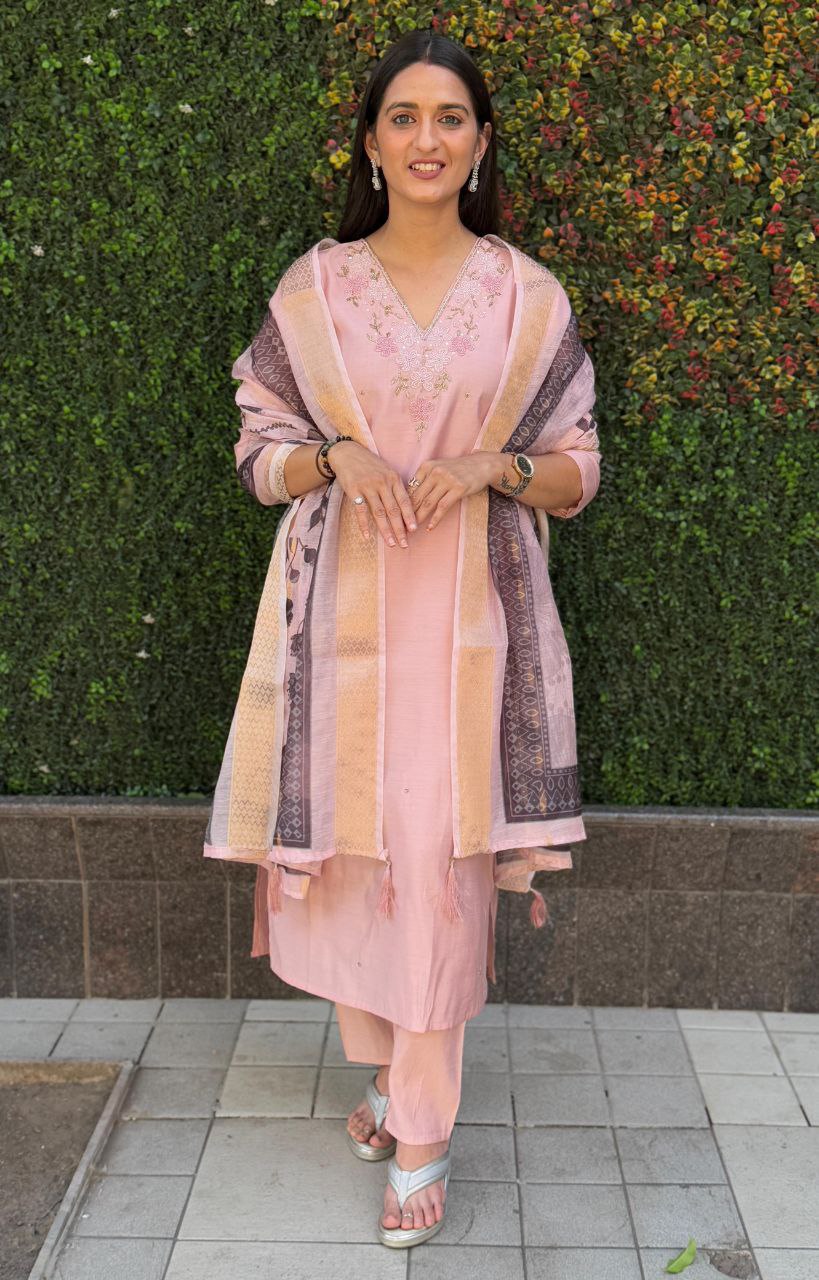 Lorenvalley Fashion Peach Roman Silk Hand Work Kurta Pant with Dupatta - Swadesiicart