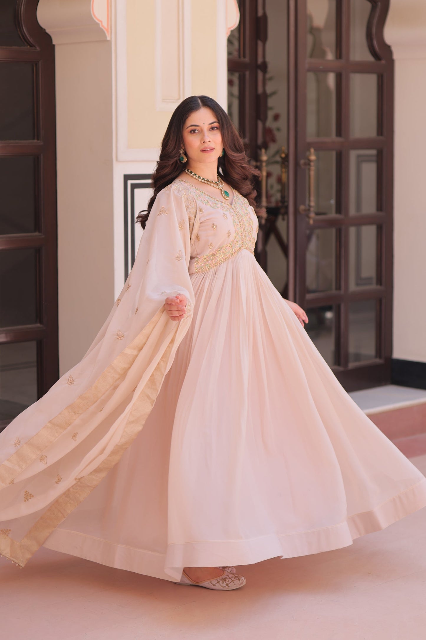 Lorenvalley Fashion Peach Star Georgette with Beads & Sequins Multi Embroidered work Anarkali Gown with Dupatta - Swadesiicart
