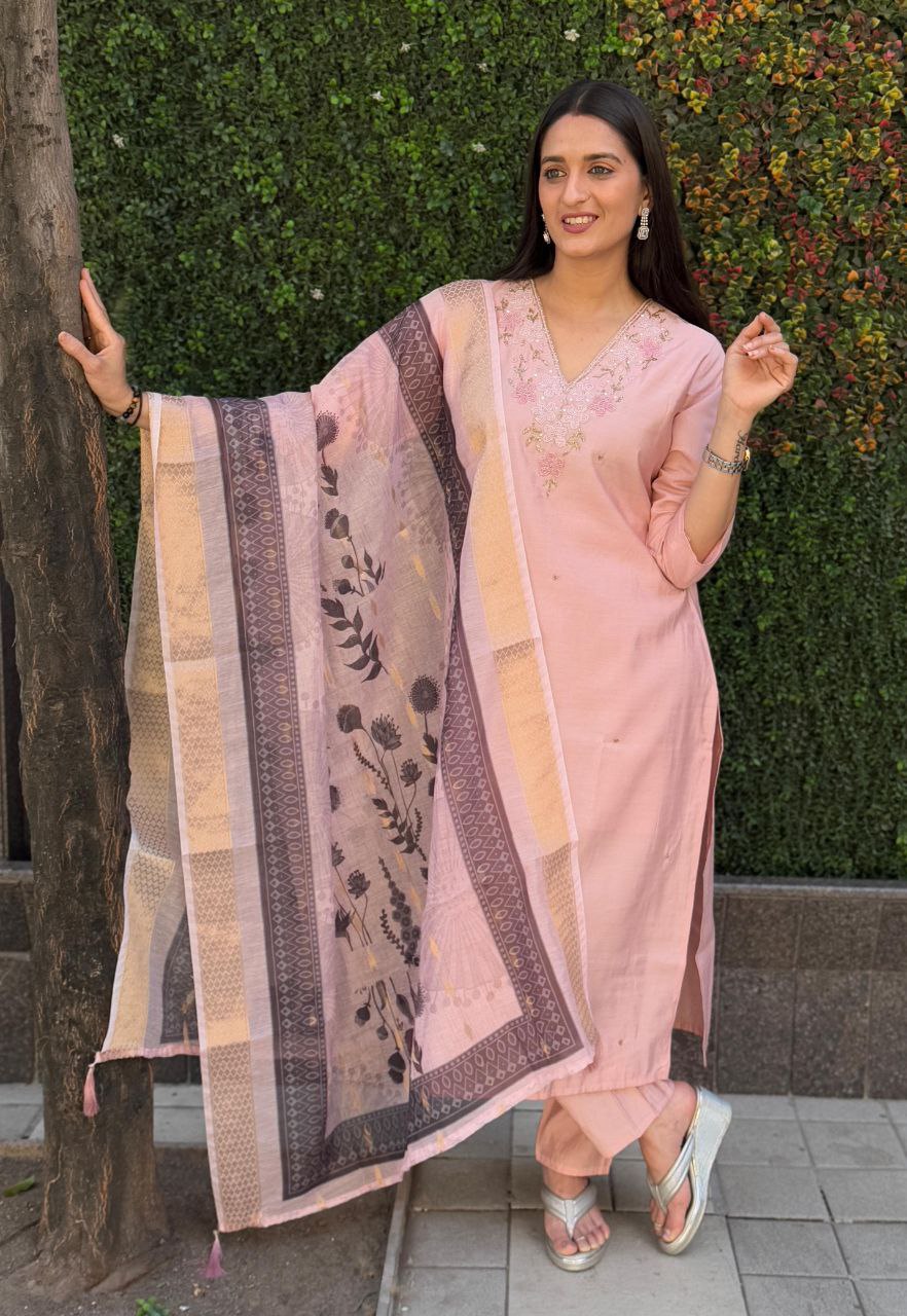 Lorenvalley Fashion Peach Roman Silk Hand Work Kurta Pant with Dupatta - Swadesiicart