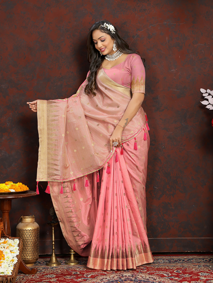 Lorenvalley Fashion Peach Soft Katan Silk Woven Design Zari Weaving Pallu Saree - Swadesiicart