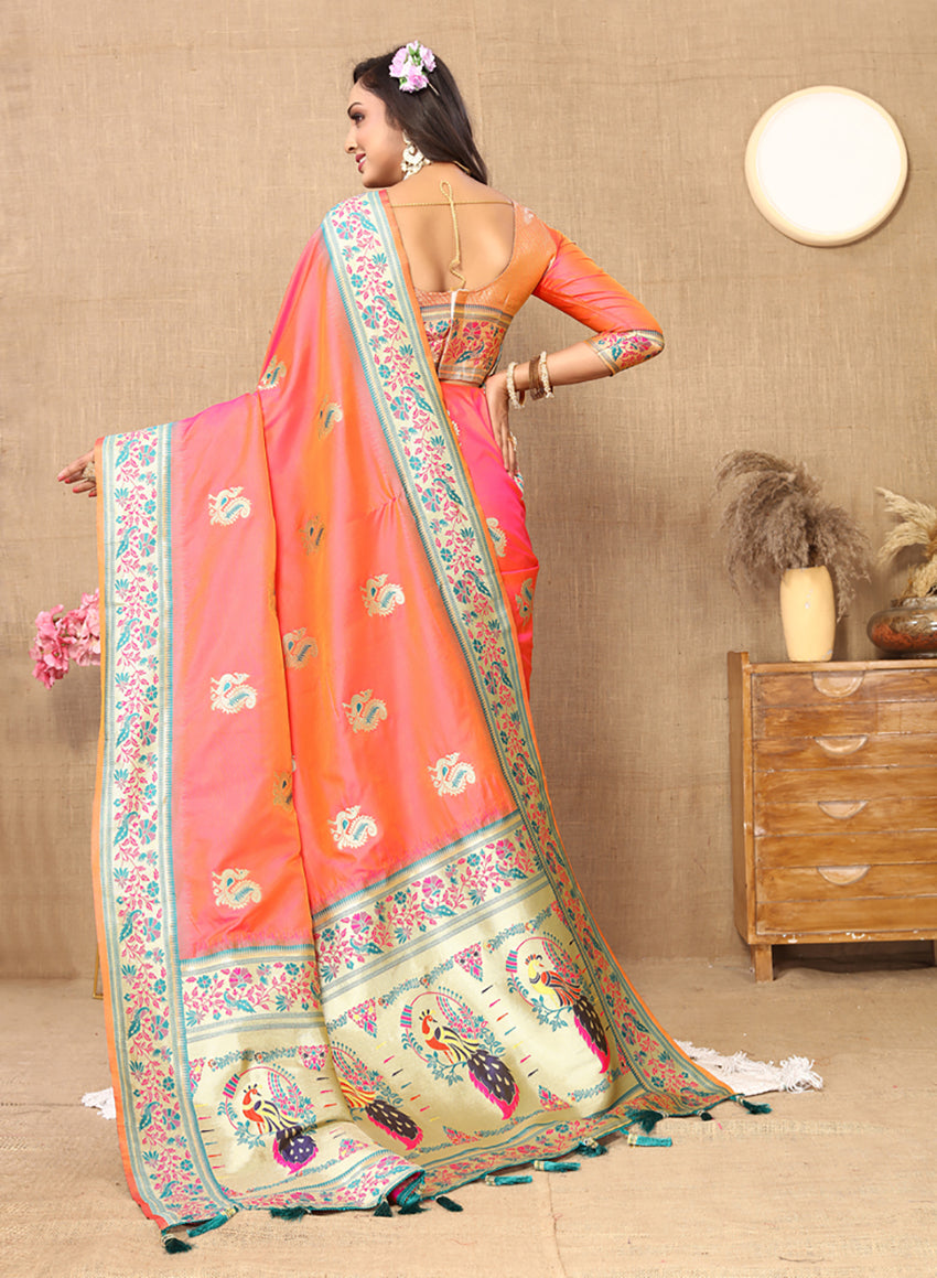 Lorenvalley Fashion Peach Soft Paithani Silk Woven Design Rich Meenakari Zari Weaving Pallu Saree - Swadesiicart