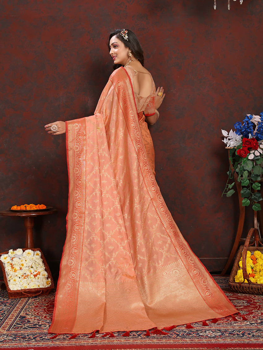 Lorenvalley Fashion Peach Soft Katan Silk Woven Design Zari Weaving Pallu Saree - Swadesiicart